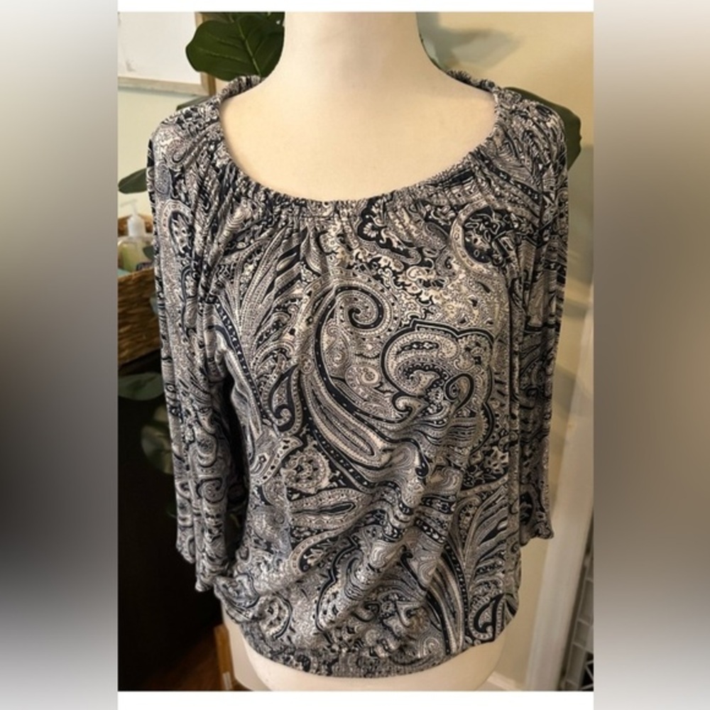 Michael Kors paisley print blue and white cinch waist blouse size XS
